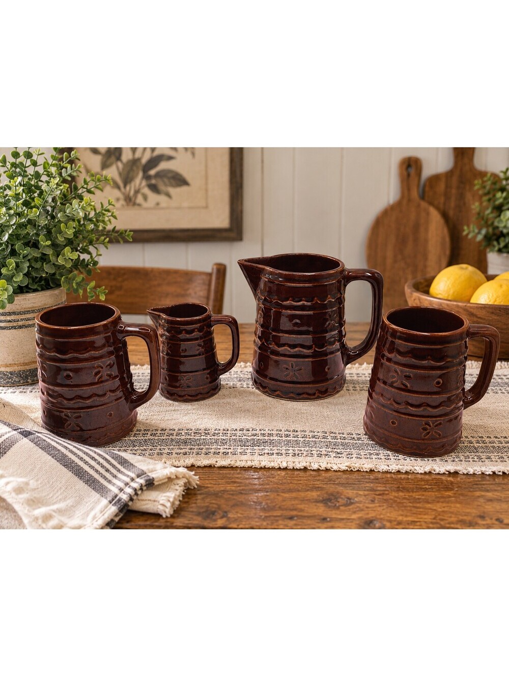 Vintage Mar-Crest Daisy Dot Brown Stoneware Pitchers Mugs Set of 4 USA